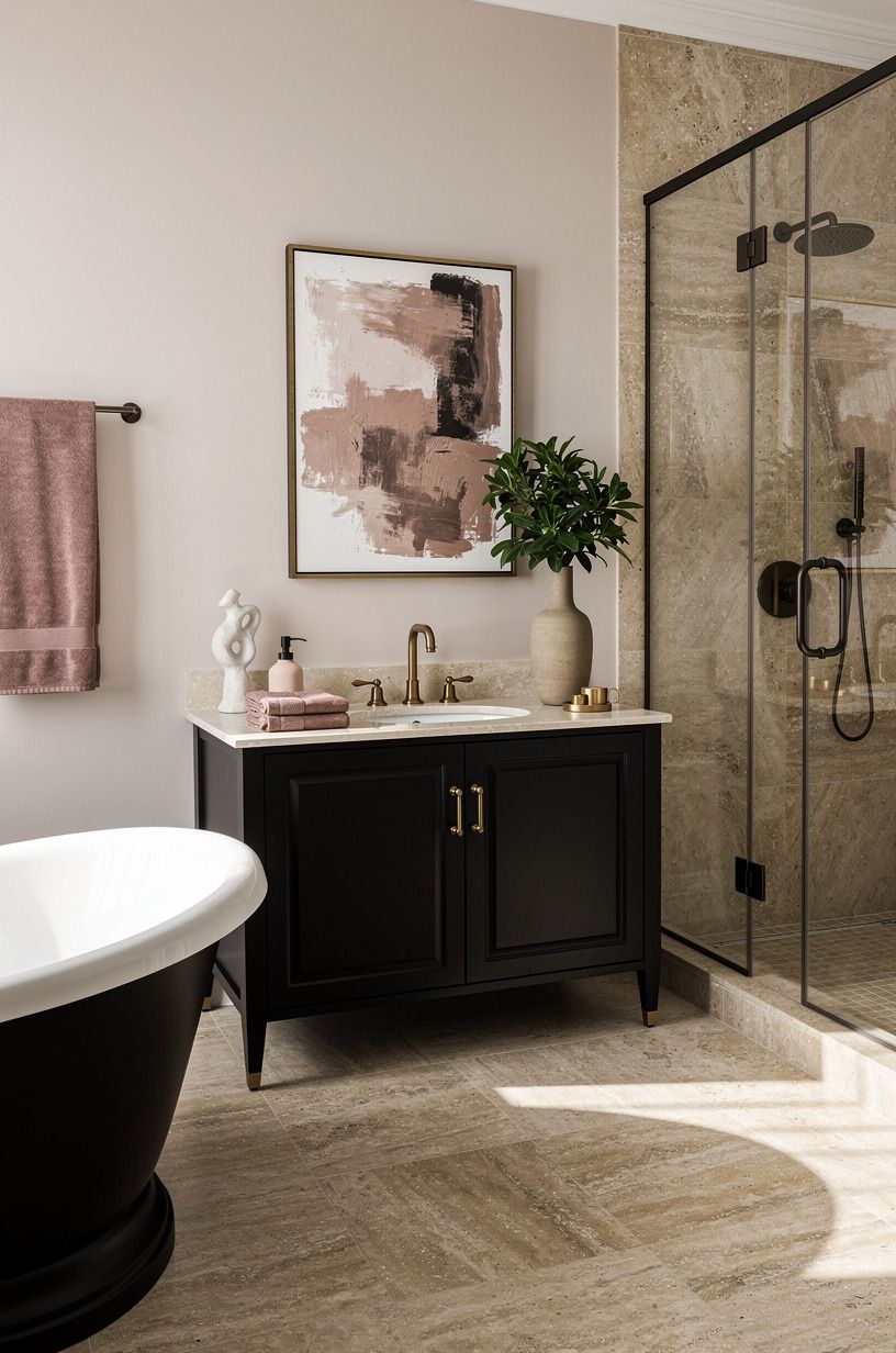 Swap Glossy White for a Black and Ivory Bathroom