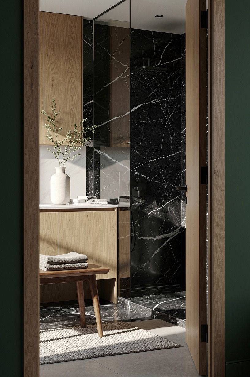 Try The Two-Wood Rule for an earthy shower zone