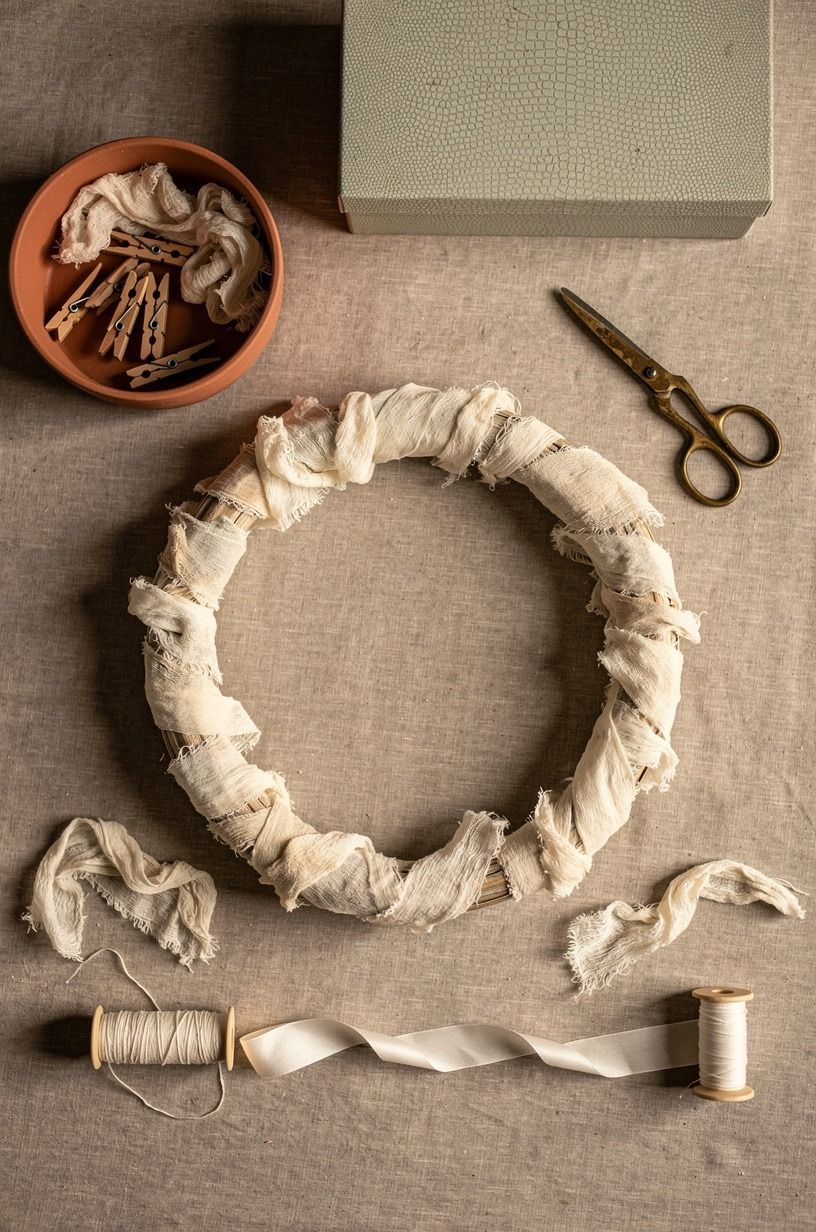 Layer torn cheesecloth for a ghost wreath DIY
