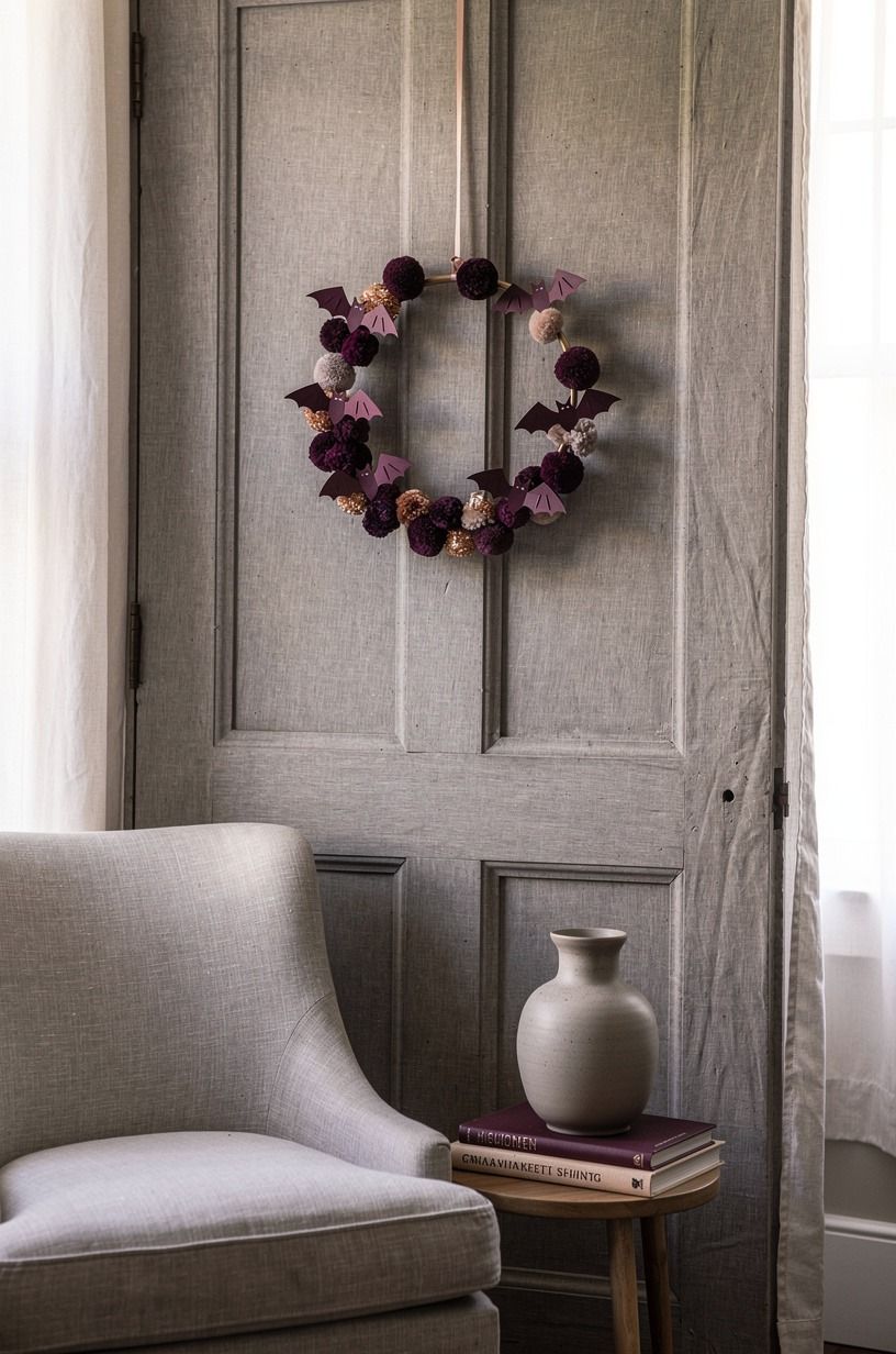 Mix matte paper bats with plush pom-poms