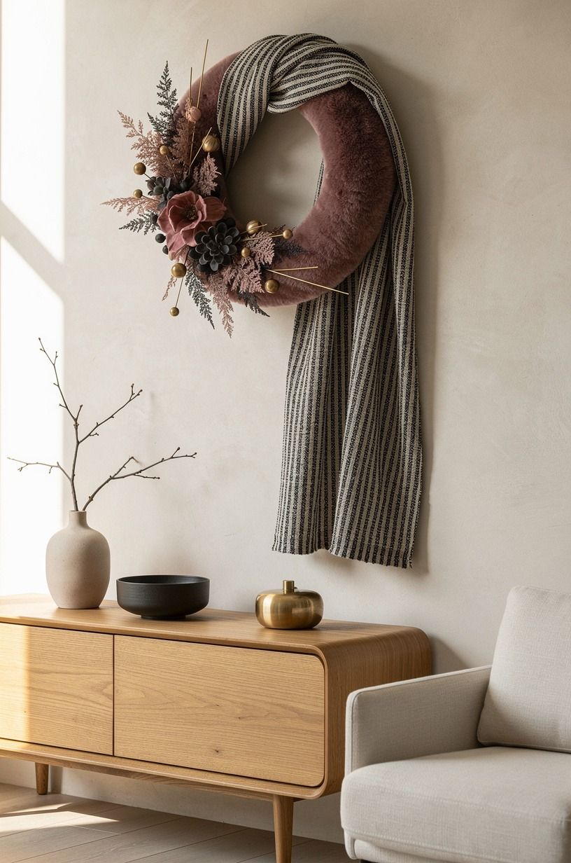 Anchor the chic Halloween wreath with a striped textile
