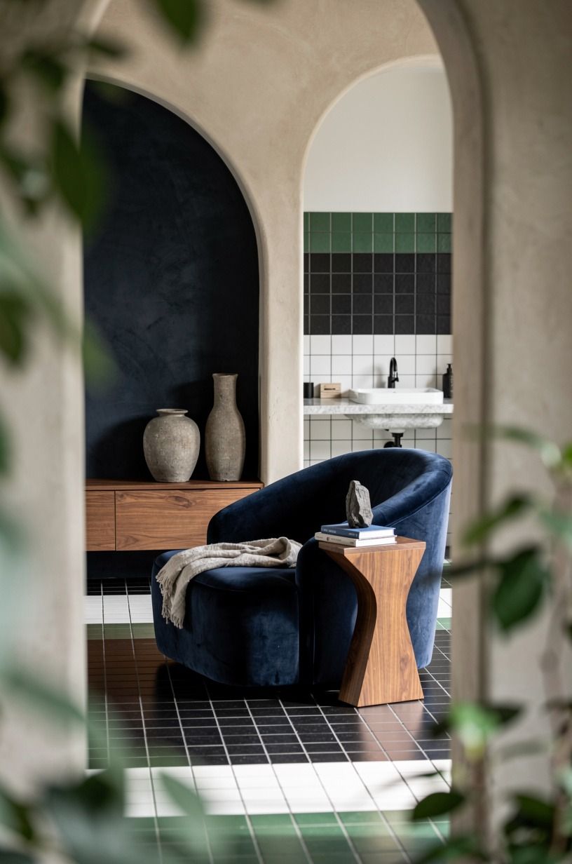 Mix black tile with white and navy