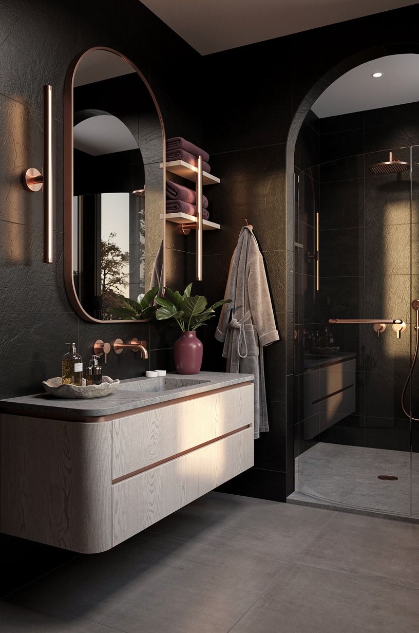 Start with the light for black tiles bathroom ideas