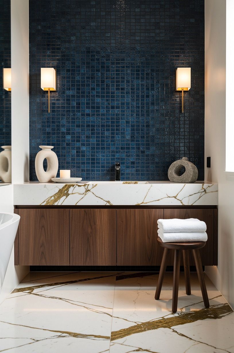 Choose blue tile over another painted wall