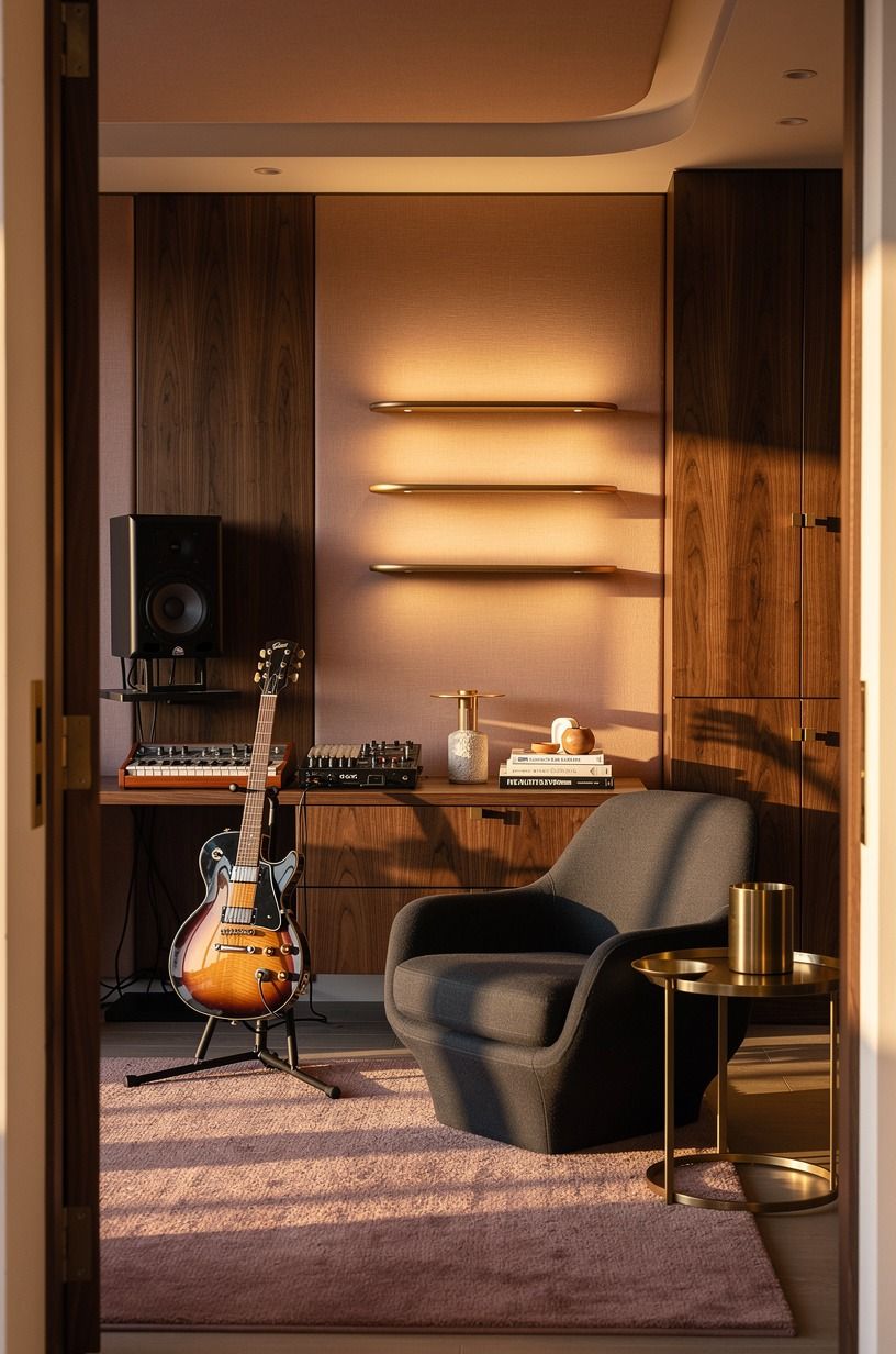 Layer the Three-Height Light Stack for a Cozy Music Studio With Instruments
