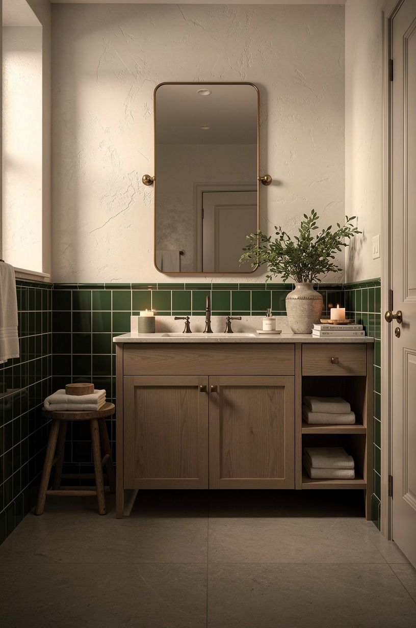 Dark green tile below, warm white above