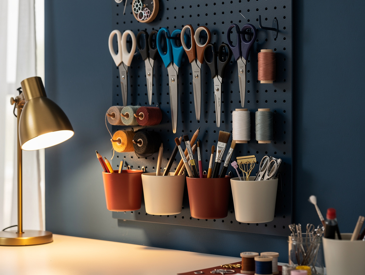 Editorial close detail of a pegboard craft station with scissors, thread, small