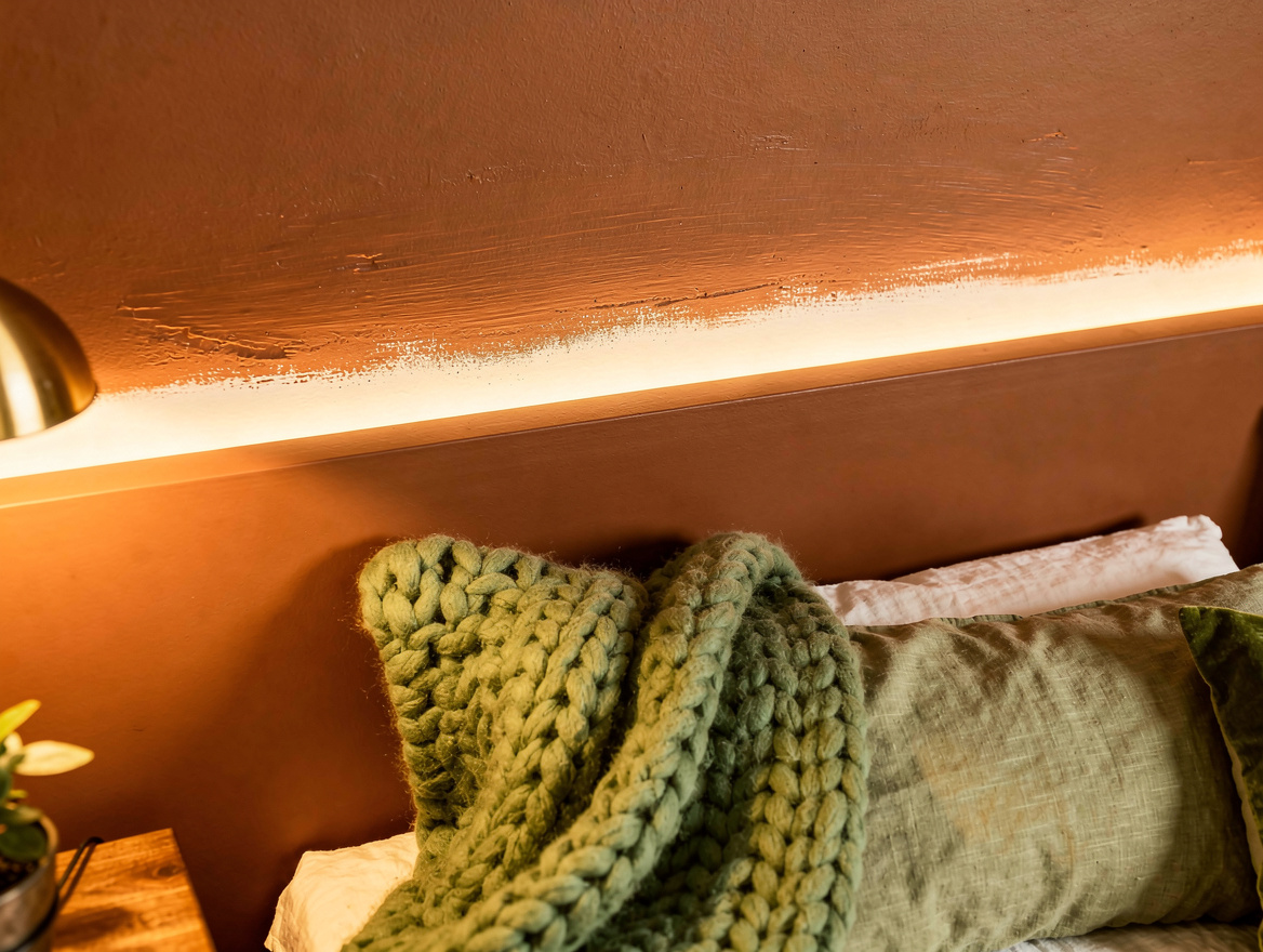 Close detail photograph of matte terracotta ceiling paint meeting a warm white h