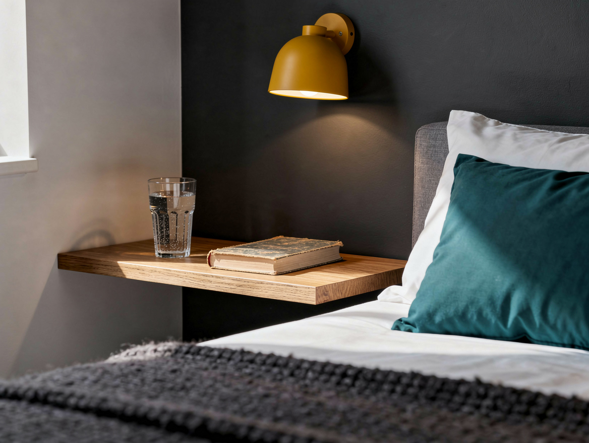 Realistic close detail of a floating oak bedside shelf beside a bed against the
