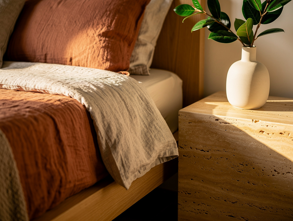 Realistic close-up editorial photo of washed linen bedding in oatmeal and muted