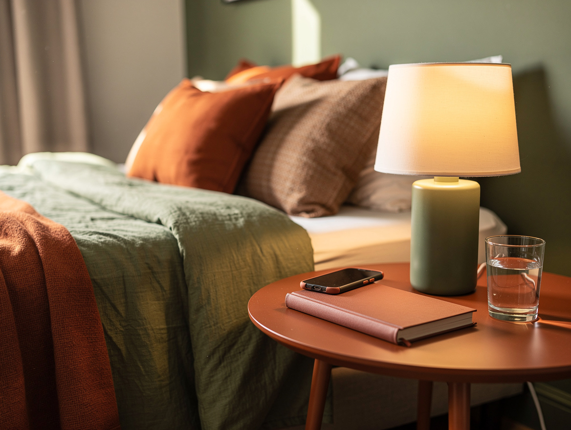 Realistic close-up photo of a small round bedside table beside a guest bed, show