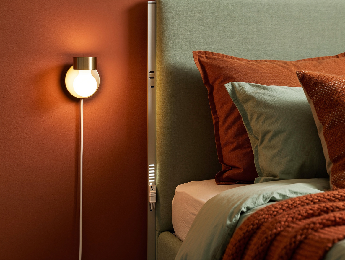 Realistic close-up of a rental bedroom wall showing a dimmable plug-in sconce be