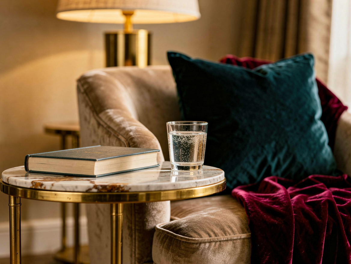 Realistic close-up editorial photo of a brass-and-marble-look drink table beside