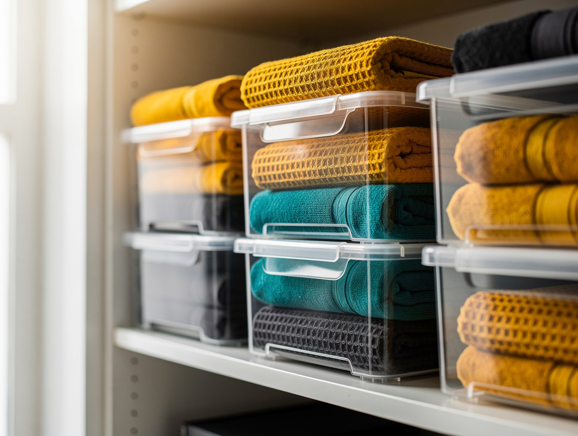 Realistic close-up editorial photo of labeled clear gasketed storage bins holdin
