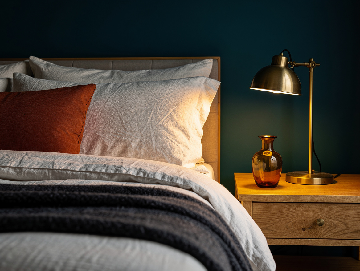 Realistic close-up editorial home-decor photo of oatmeal linen bedding, charcoal