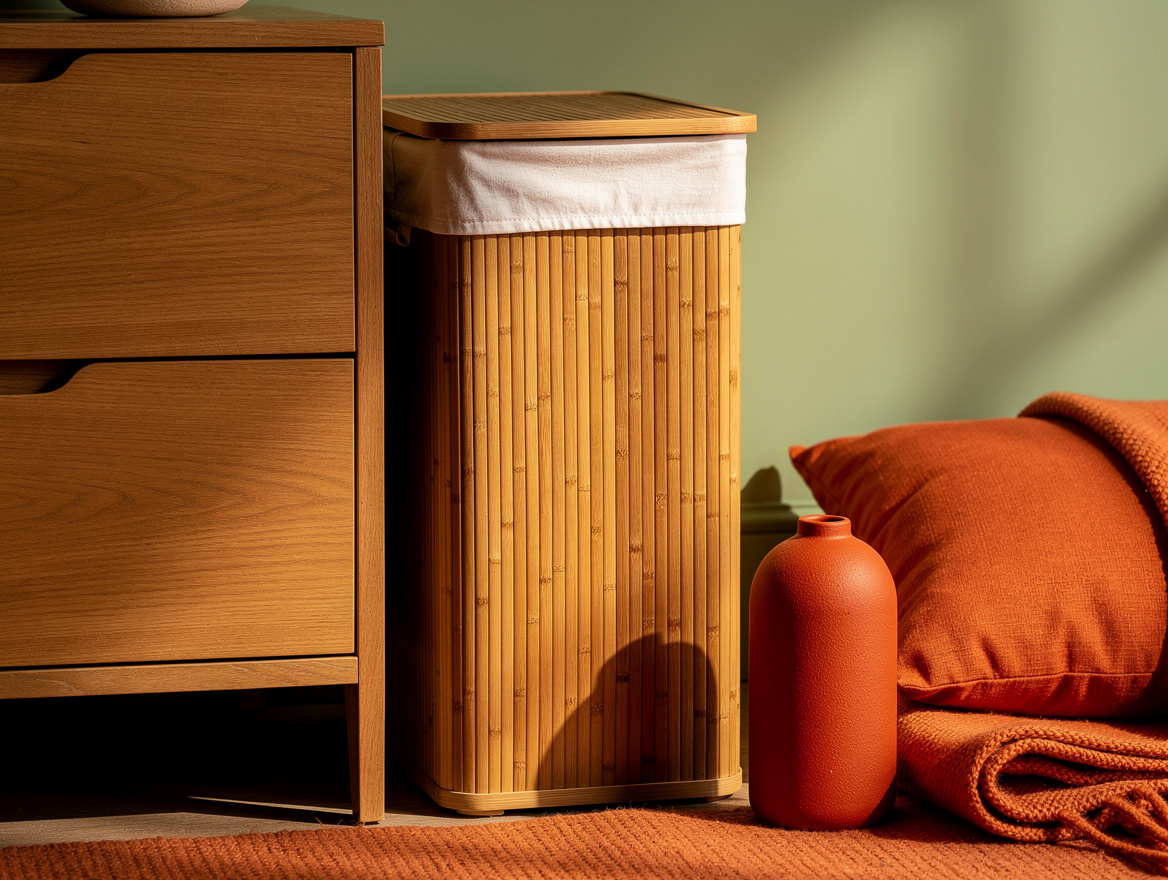 Realistic close-up editorial photo of a narrow bamboo hamper with a closed lid a