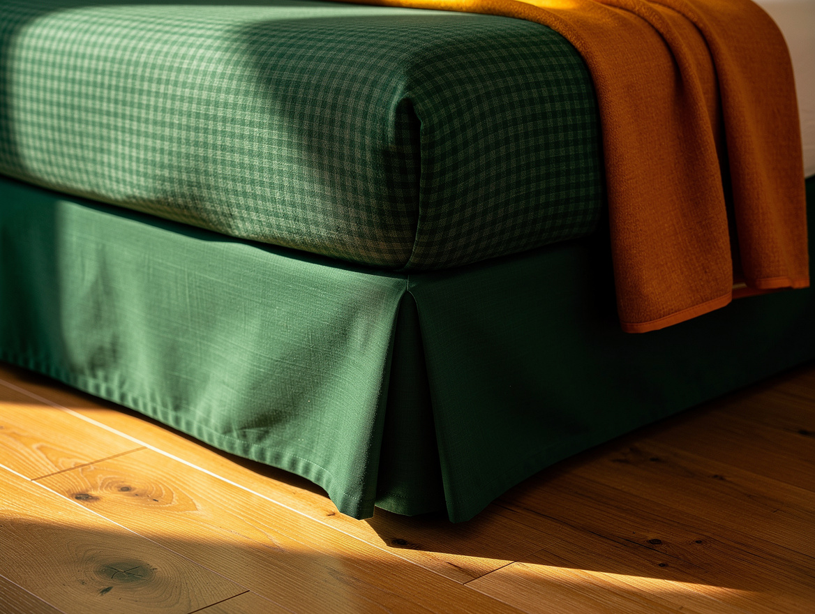 Realistic close-up editorial photo of a straight linen bed skirt, folded cotton