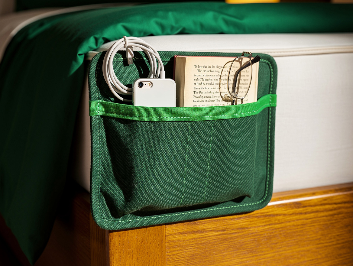 Close detail photograph of a heavy cotton canvas bedside caddy tucked beneath a
