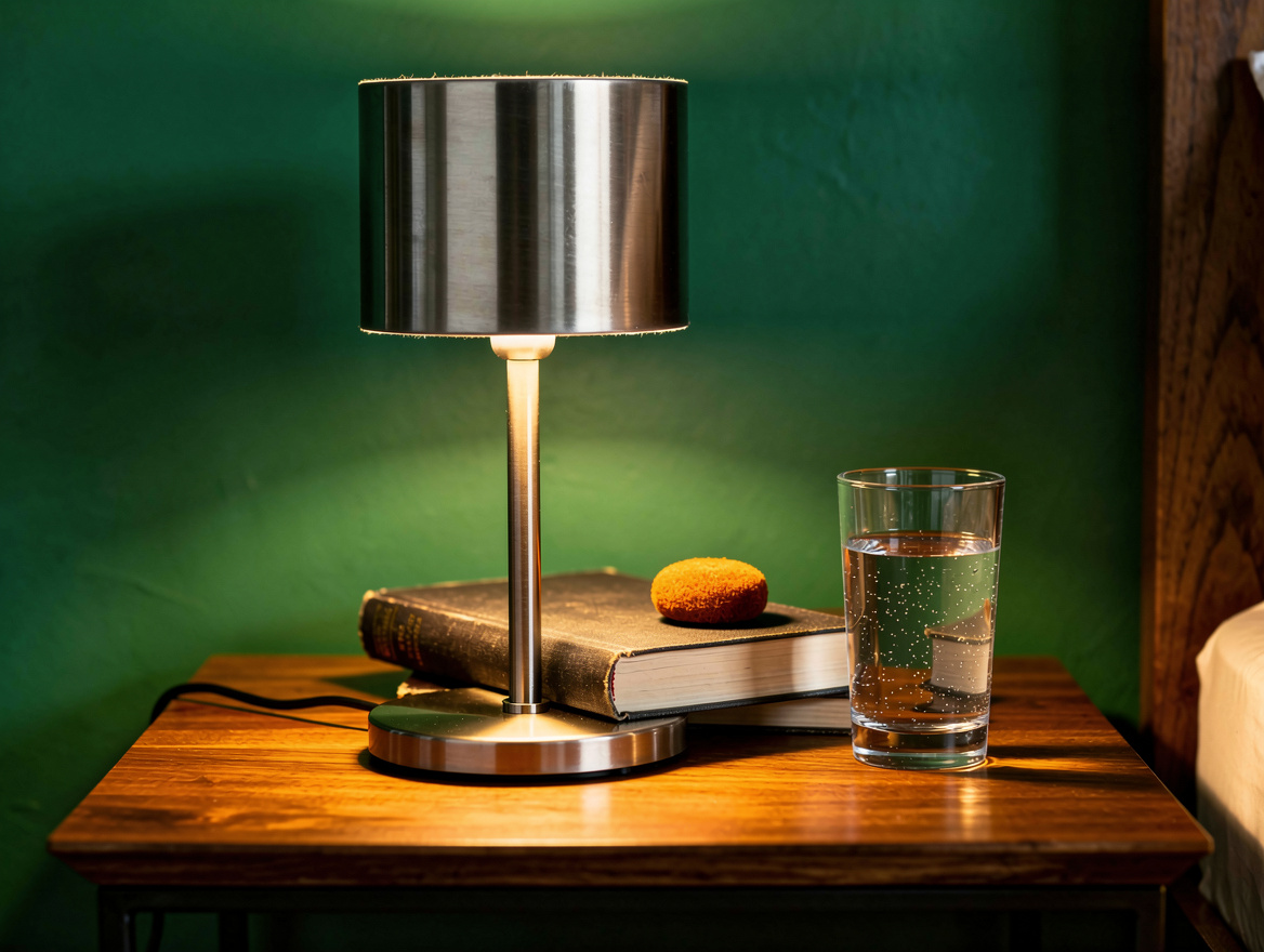 Realistic editorial detail photo of a SPETSBOJ-style compact metal bedside lamp