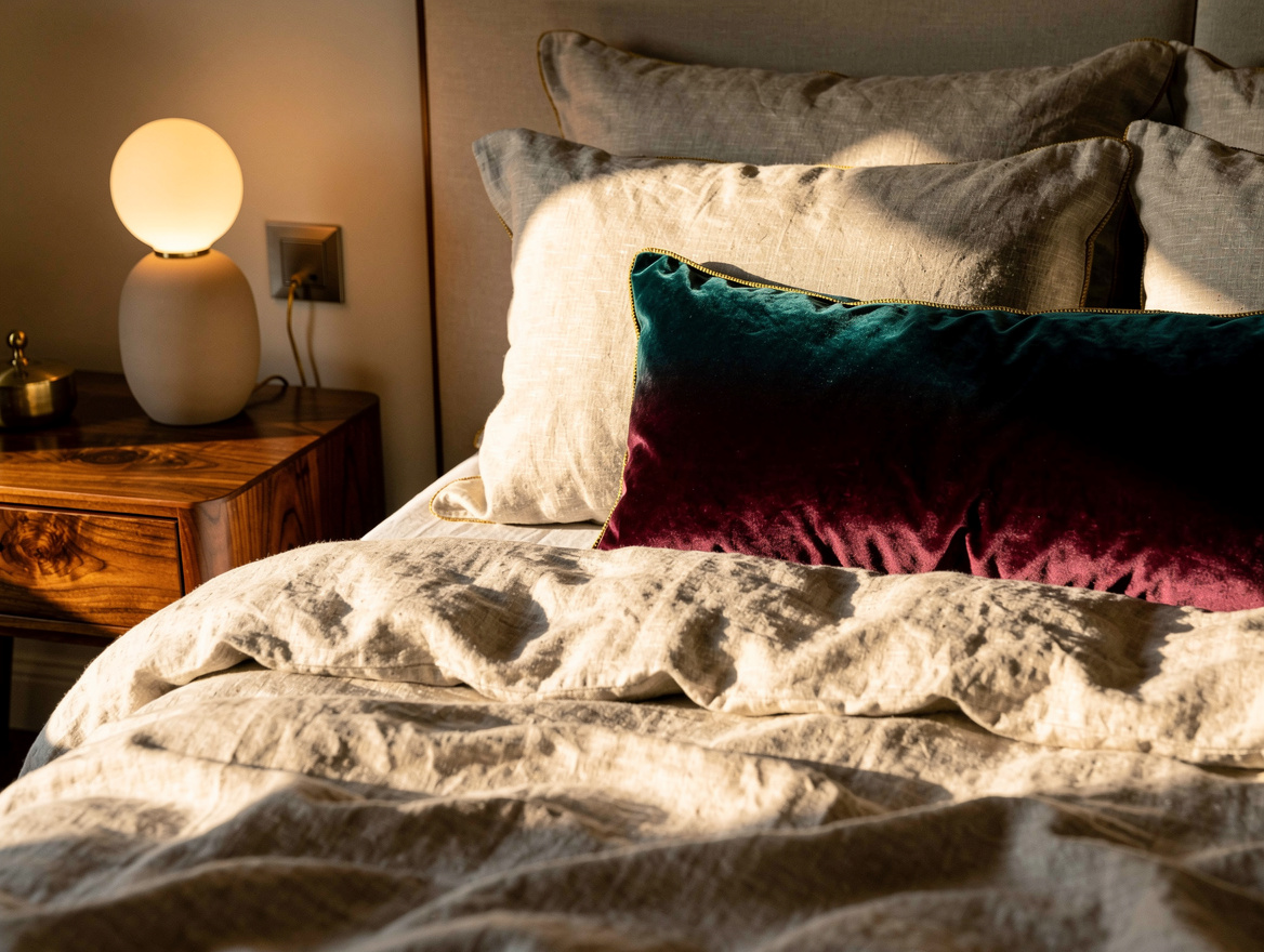 Close-up editorial photograph of relaxed linen bedding, two Euro pillows, a long