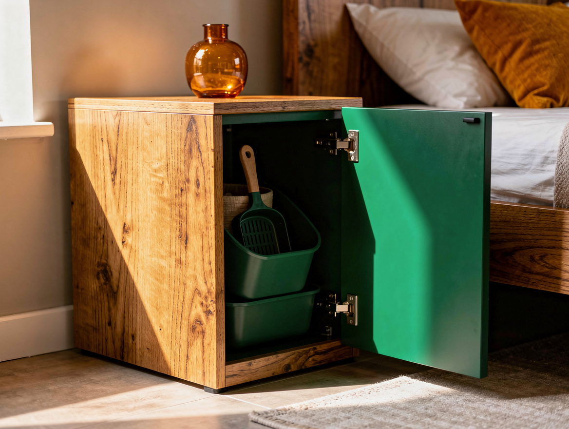 Realistic close-up editorial photo of a concealed litter cabinet beside a bedroo