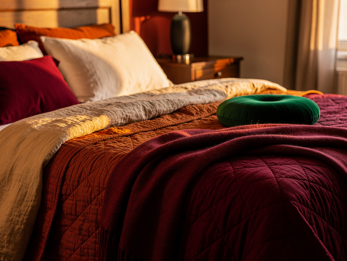 Realistic editorial detail photo of layered sunset bedroom textiles, showing ivo