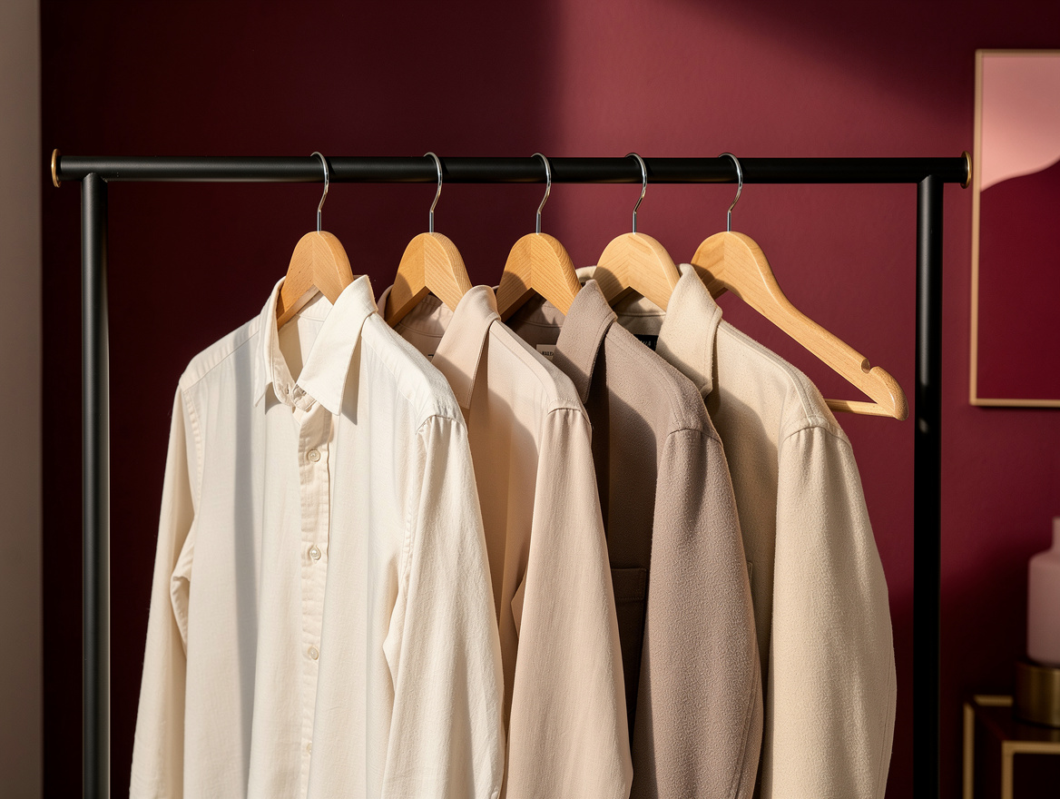 Realistic editorial detail photo of matching wooden hangers on a matte black gar