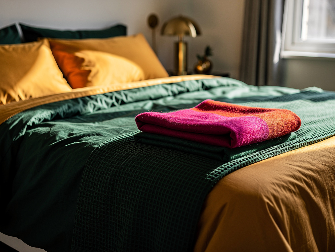 Realistic close-up editorial photo of layered bedding in a small bedroom, percal