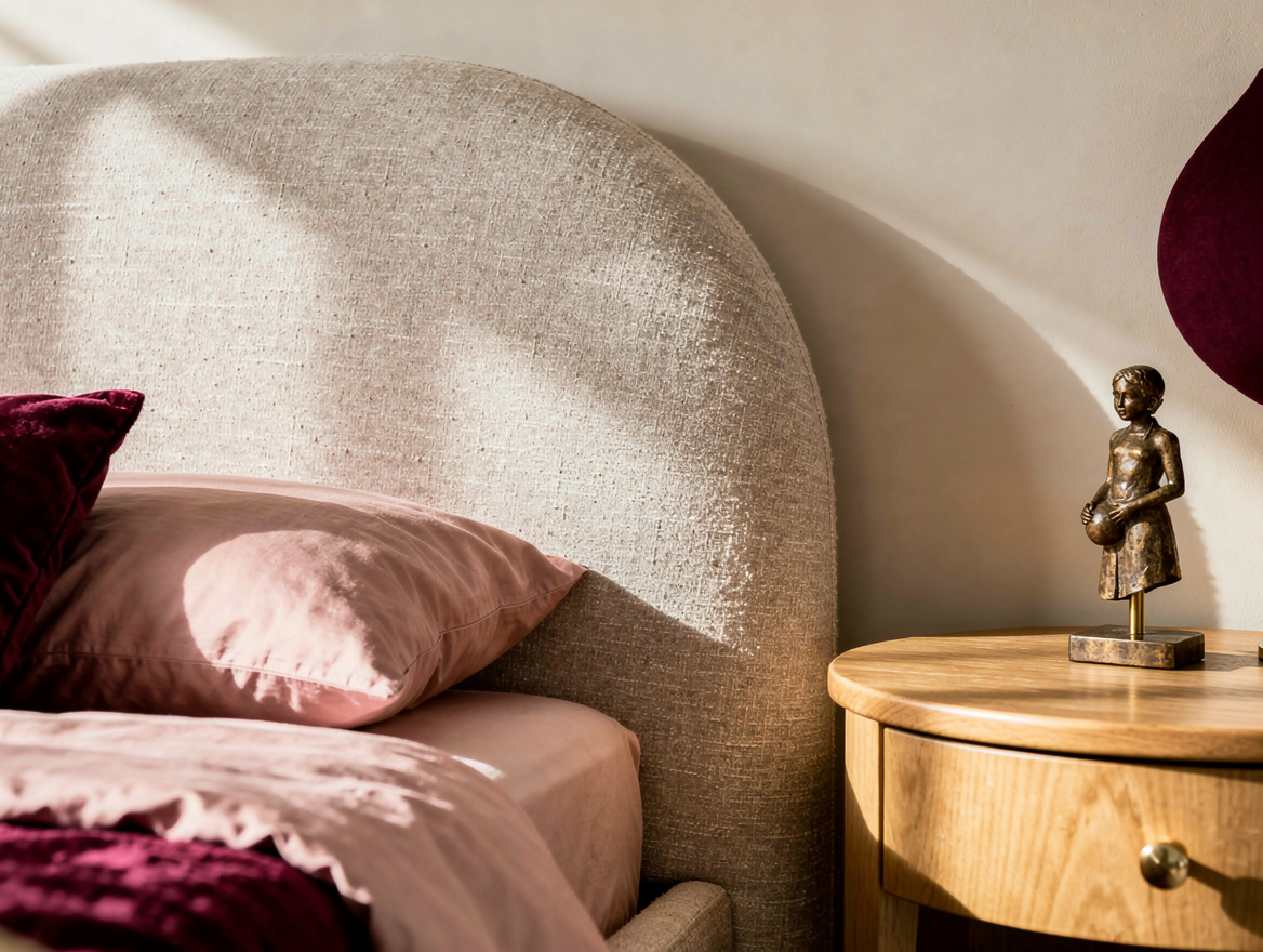 Realistic close-up editorial photo of a rounded upholstered headboard in oatmeal