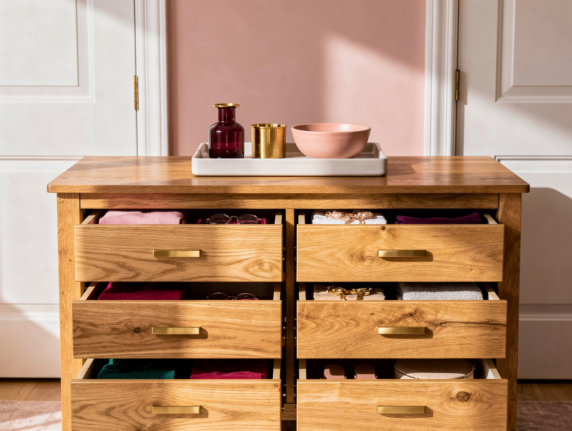 Realistic close-up editorial photo of a double dresser between closet doors, sho