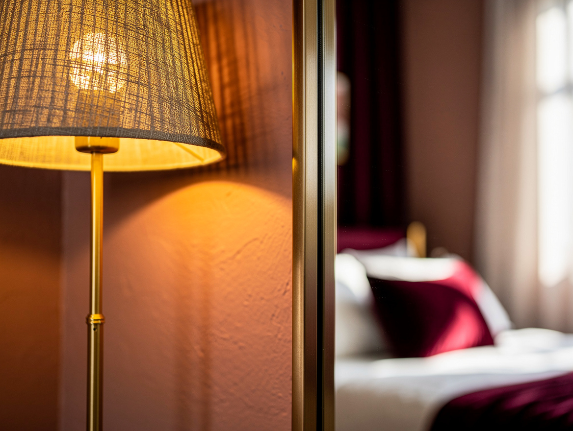 Realistic close-up editorial photo of a bedroom mirror edge, shaded floor lamp,