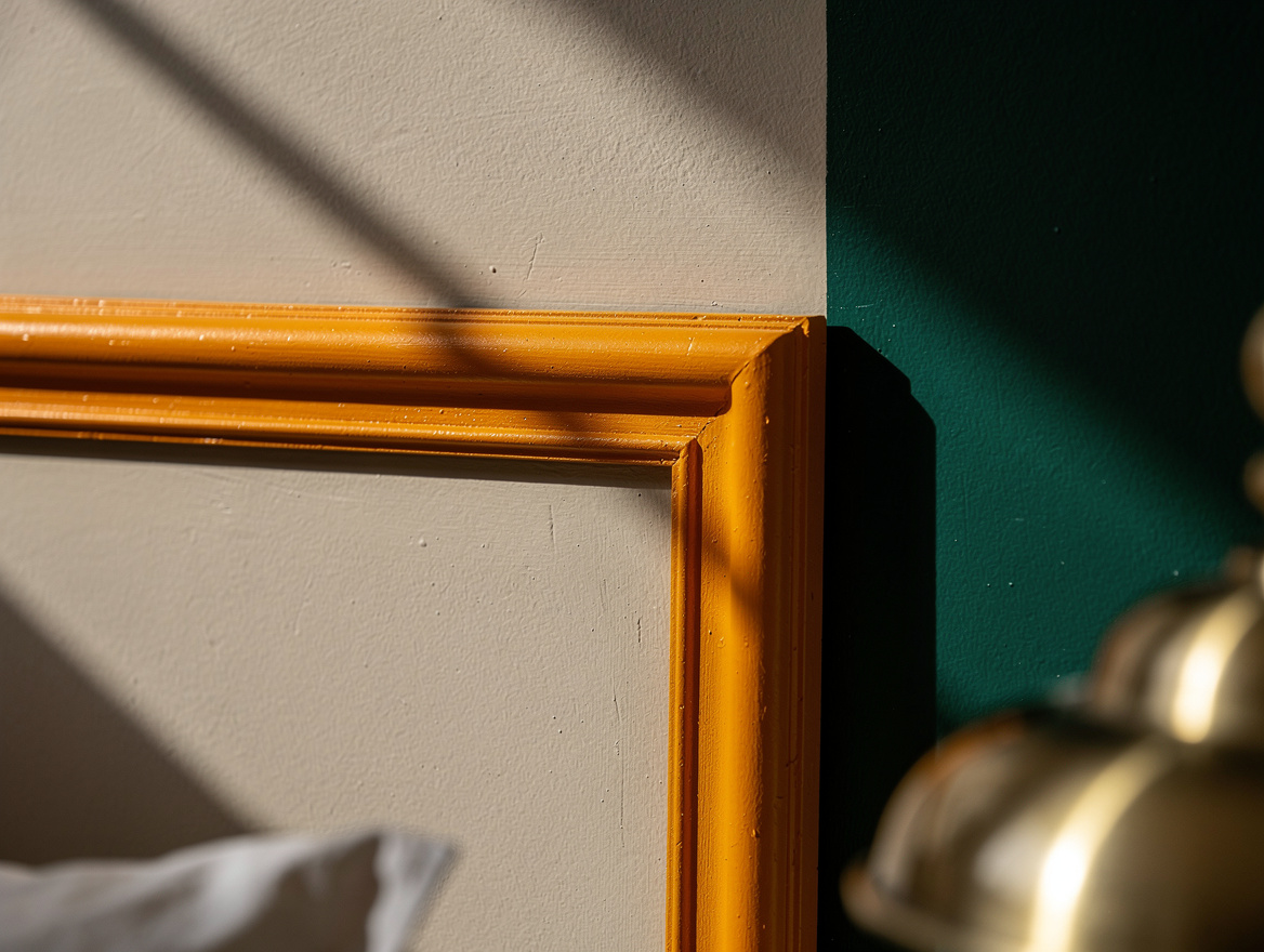 Realistic close-up editorial photo of painted lightweight wall molding meeting a