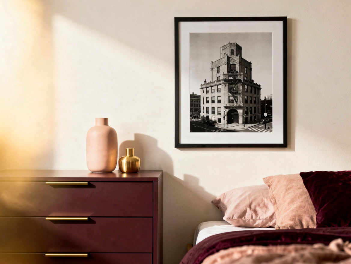 Editorial detail photograph of a matte black-and-white architectural print in a