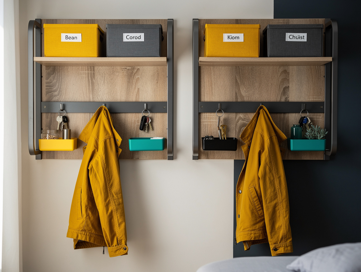 Close-up editorial photo of two matching entryway stations in a shared bedroom,