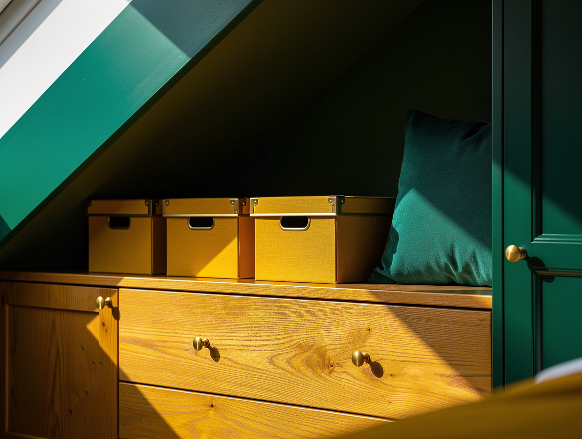 Realistic close-up editorial photo of low drawers and labeled lidded storage und
