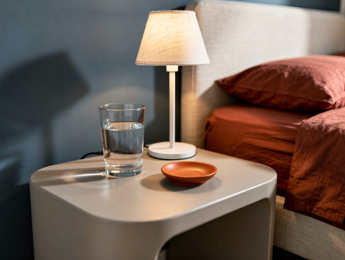 Realistic close-up editorial photo of a rounded bedside table beside a compact b