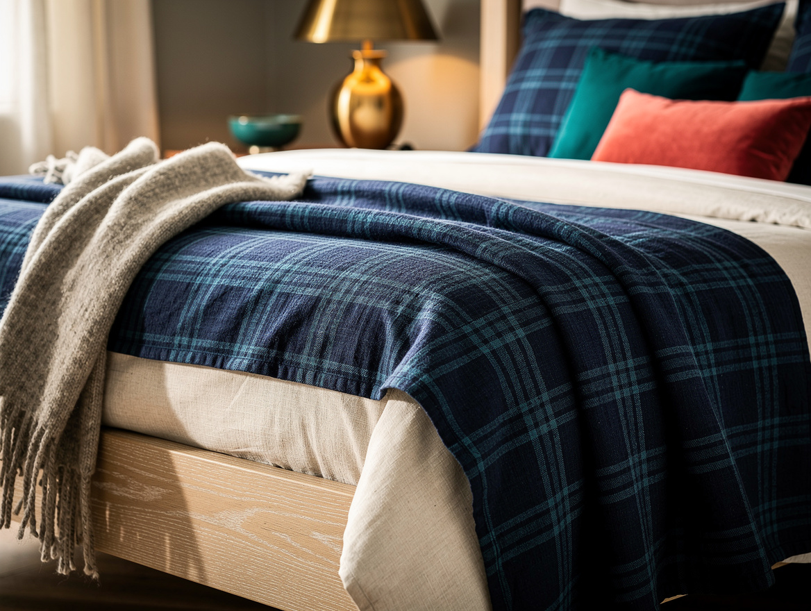 Realistic editorial detail photo of an indigo blue plaid bedspread folded over c
