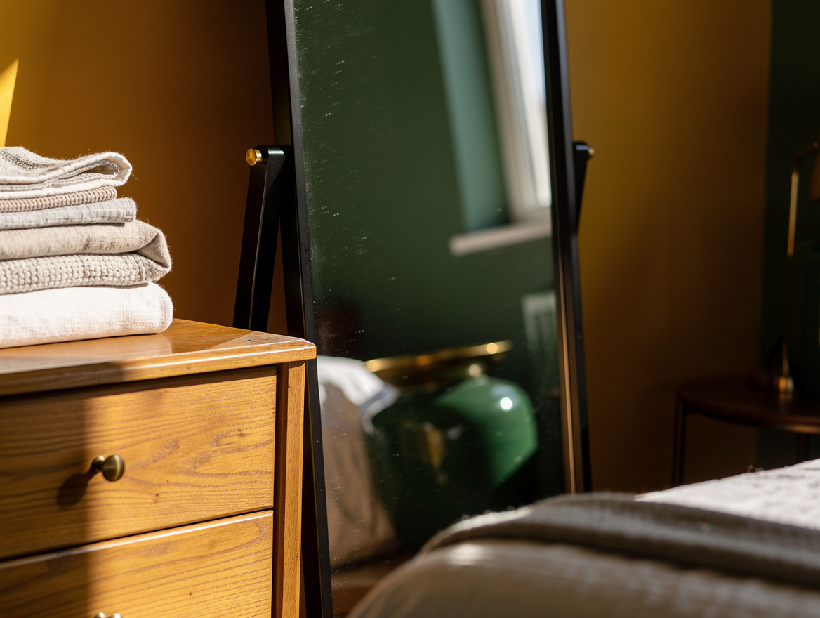 Realistic close-up detail of a guest bedroom full-length mirror with a black alu
