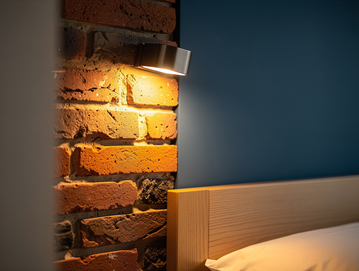 Realistic close-up photo of warm LED light grazing an exposed brick wall beside