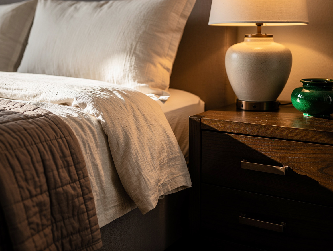 Realistic close-up editorial photo of cream linen bedding, a taupe quilt, espres