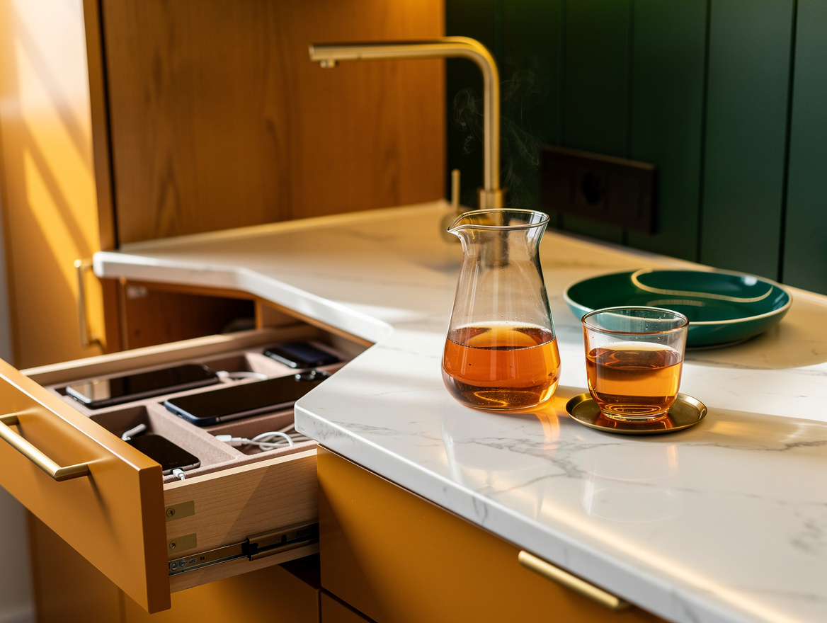 Realistic close-up editorial photo of a primary bedroom wet bar detail with a gl