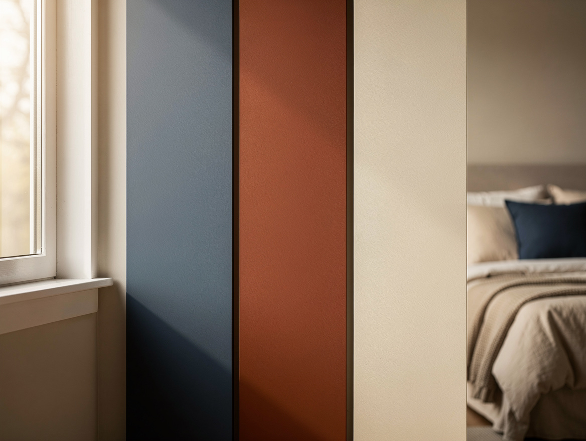 Realistic close-up editorial photo of three large painted wall samples showing s