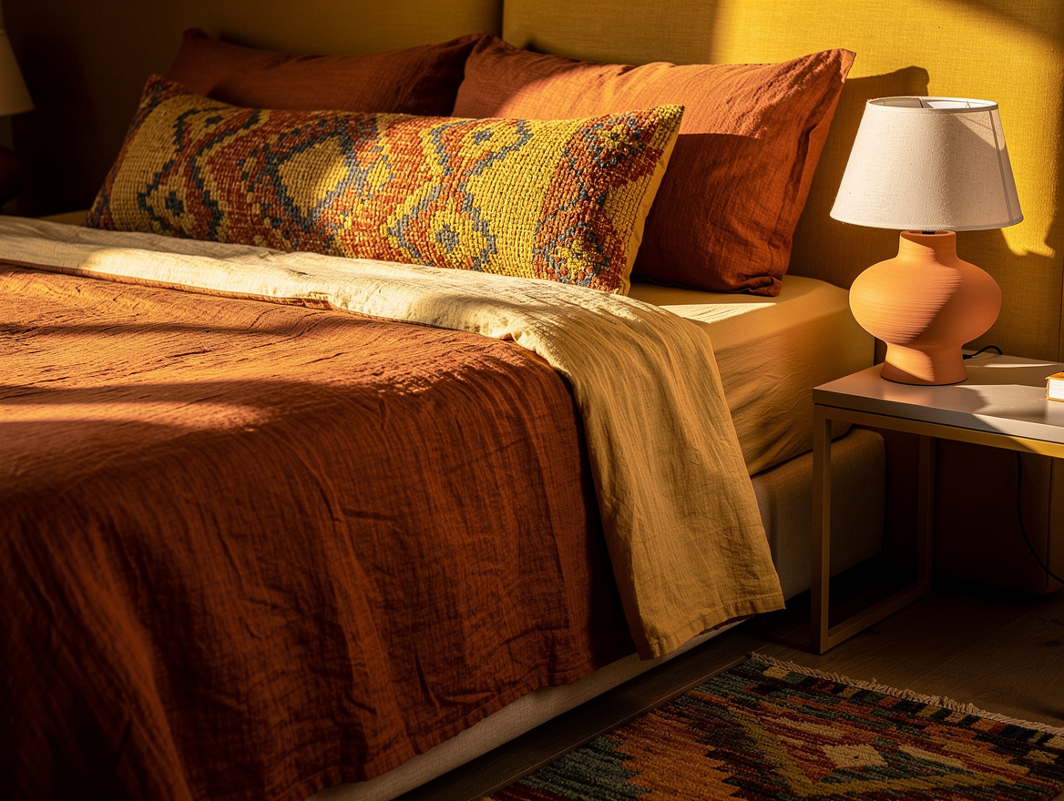 Editorial close detail of terracotta linen bedding, cream sheets, long geometric
