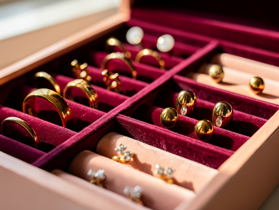 Close-up realistic editorial photo of rings and stud earrings arranged in a velv