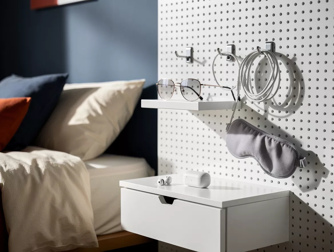 Realistic close-up editorial photo of a white pegboard beside a small bed holdin