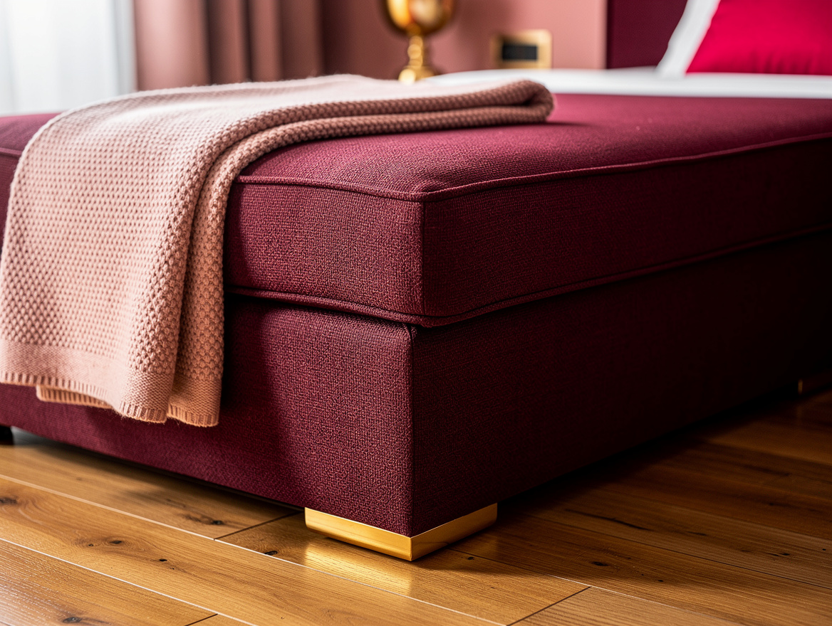 Realistic close-up editorial photo of a guest room pull-out ottoman showing text