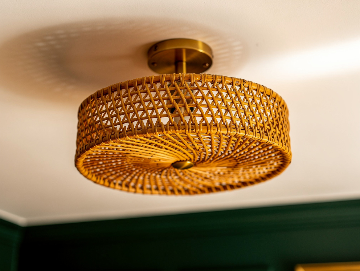 close-up detail of a hand-woven rattan drum flush mount ceiling fixture against