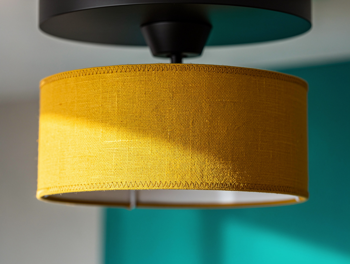 Close-up detail photograph of the lower edge of an oversized linen drum pendant