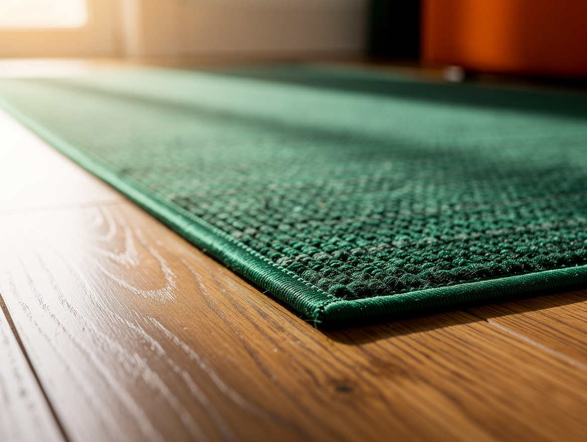 Realistic editorial close-up of a low-pile polypropylene runner beside a bedroom