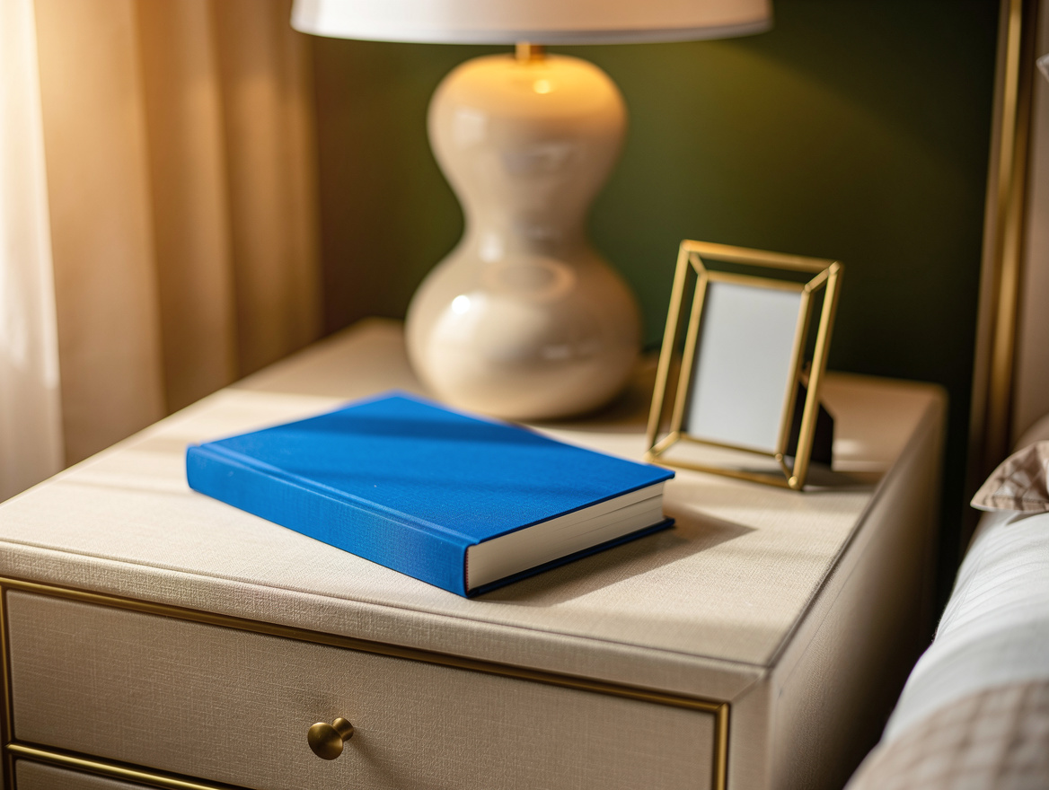 Realistic close-up editorial photo of a beige bedroom nightstand with a cobalt b